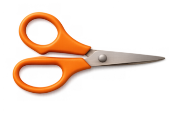 Orange scissors with shiny metal blades and plastic handles, a common tool for cutting paper, fabric, and crafting