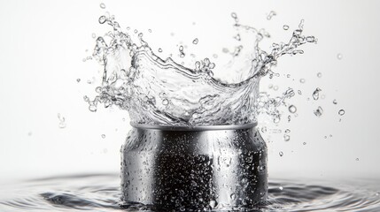 A refreshing concept of a water splash engulfing an unopened soda can, captured in ultra-high resolution, highlighting the purity and clarity of the liquid against a white, minimalist backdrop.