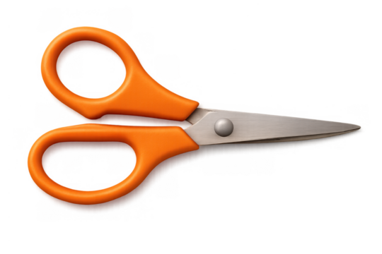 Orange scissors with shiny metal blades and plastic handles, a common tool for cutting paper, fabric, and crafting