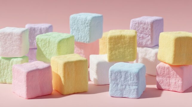 A minimal background of neatly stacked marshmallow cubes in pastel colors cube shows ultra-detailed surfaces clean shadows and