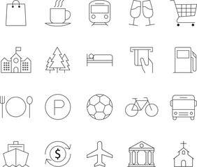 Map and Location Line Icons Set. Editable Stroke. Travel, Navigation, Shopping, Food, Transport, and Building Vector Symbols.