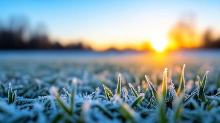 FrostKissed Meadow Sunrise Illuminating Frozen Grass Blades in Winter Landscape.