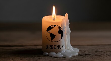 A lit candle with a globe and the word 'Urgency' printed on it, symbolizing environmental awareness and the need for immediate action on global issues
