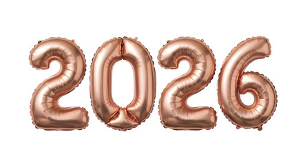 Rose gold balloons forming the year 2026 against a black background celebrating future events