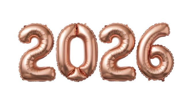 Rose gold balloons forming the year 2026 against a black background celebrating future events