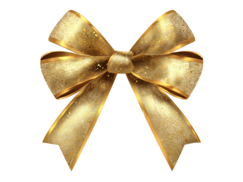 Ornate golden ribbon bow with intricate patterns and sparkling accents image, Isolated, Png Transparent Background