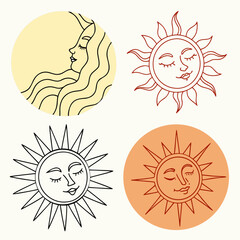 Collection of sun and moon face illustration, esoteric astrology boho design