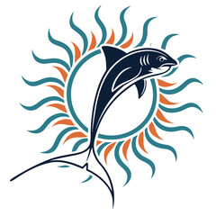 Shark jumping out of sun circle isolated on