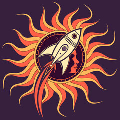 Retro rocket sun logo with man face in vintage style and flame trail