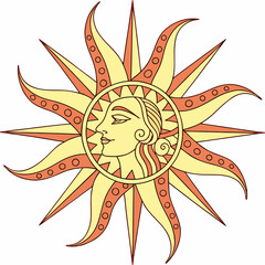 Retro sun logo with woman face in vintage style and radial pattern