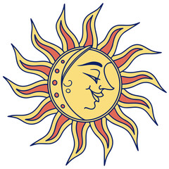 Smiling sun and moon face illustration isolated on