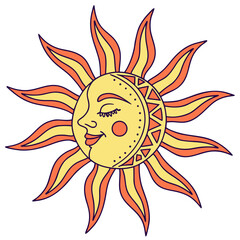 Smiling sun and moon face illustration isolated on