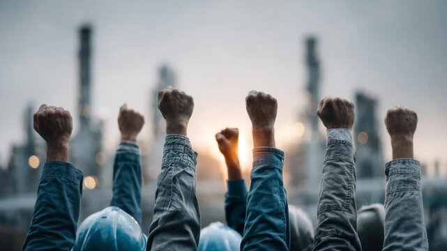 Workers raise fists in solidarity with an industrial cityscape blurred in the background