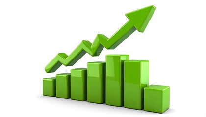A 3D green chart shows increasing bars with an arrow pointing upwards, isolated on white