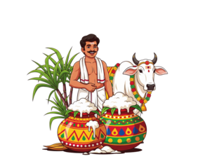 Pongal Harvest Festival with Decorated Cow, Sugarcane Stalks, and Boiling Sweet Rice in Earthen Pots. White, png Transparent  Background
