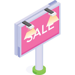 A 3D Isometric Billboard Sign Displaying the Word Sale in White Text on a Pink Background Illuminated by Two Spotlights Against a Transparent Background