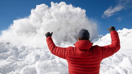 Man in Red Jacket Celebrates Snowfall with Arms Raised Against Blue Sky.