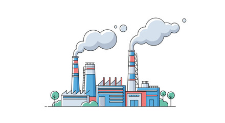 Obraz premium A modern industrial factory complex with multiple smokestacks emitting smoke into the clear sky, representing manufacturing and air pollution.