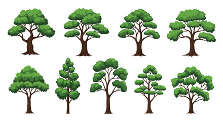 A collection of various stylized green trees with brown trunks and diverse canopy shapes, perfect for digital art or game design assets.
