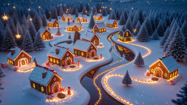 AI-generated image of a winter wonderland of Christmas spirits, where gingerbread houses, candy cane trees, and a chocolate river come to life - Powered by Adobe
