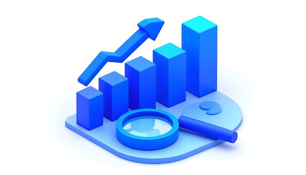 3D-rendered illustration of a blue bar graph, trend arrow, magnifying glass, and elements