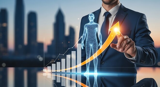 Businessman touching upward arrow graph suit digital human