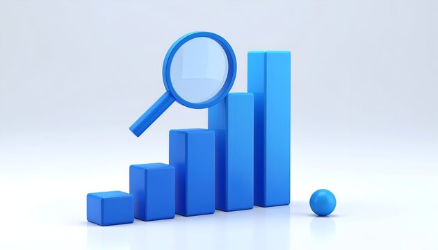 3D-rendered image of blue magnifying glass examining a rising bar graph, with a sphere - Powered by Adobe