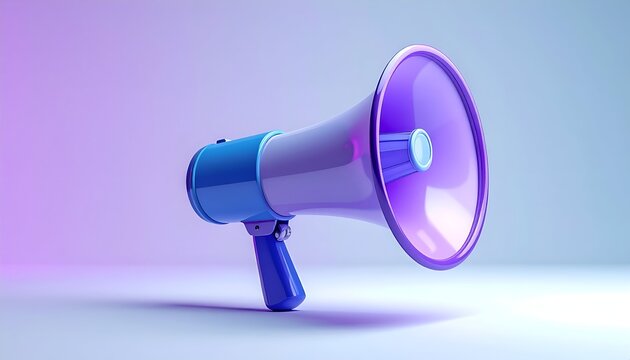 3D-rendered megaphone in purple and blue against a gradient background