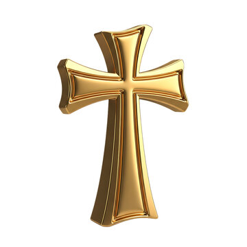 Polished sculpted gold cross with smooth reflections and elegant contours, high-quality decorative religious object isolated on a transparent background, png, cutout.