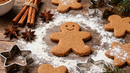 “Gingerbread Man Cookie and Baking Ingredients – Cozy Christmas Kitchen Scene” — Smiling gingerbread man surrounded by flour, cinnamon sticks, star anise and cookie cutters on a rustic wooden table.