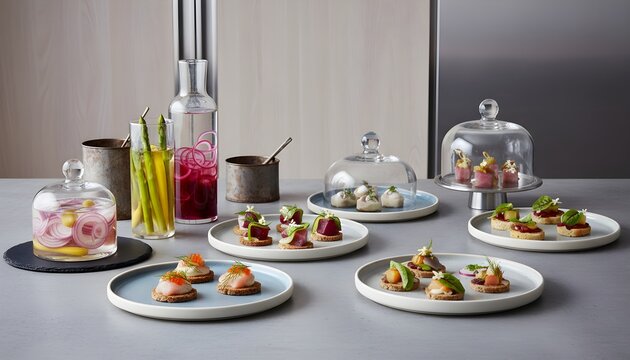 Artfully arranged gourmet appetizers and canapés, perfect for elegant catering, fine dining, and sophisticated culinary presentations