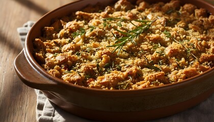 Hearty and flavorful homemade stuffing baked to a golden crisp, adorned with fresh herbs, offering a comforting side dish for special occasions