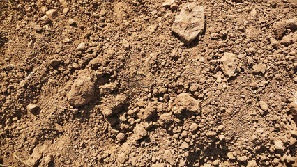 Obraz premium Dry earthy soil texture with compact rough surface and natural ground detail perfect for geology, backgrounds, and design visuals