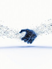 Obraz premium A blue, glowing hand made of interconnected dots and lines reaches out against a clean white background.