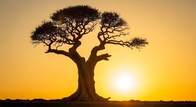 A solitary tree with sprawling branches stands against a vibrant sunset sky, creating a striking silhouette on the horizon