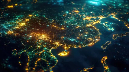 Aerial nighttime city lights, showing dense urban areas across Europe.