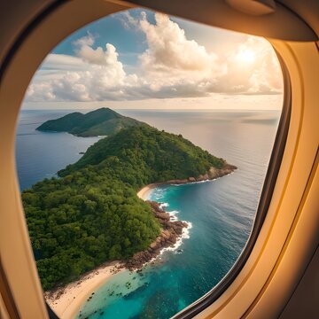 Fototapeta Aerial view of tropical islands seen through an airplane window