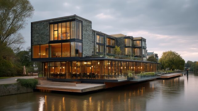 A river-adjacent hotel with cantilevered patios and green slate tiles soft cloudy light creating reflective ripples across glass - Powered by Adobe