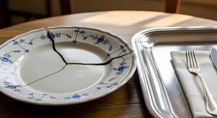 A cracked decorative porcelain plate with blue floral patterns placed on a wooden table next to a metal tray with a napkin and cutlery, indicating damage or breakage in dining ware