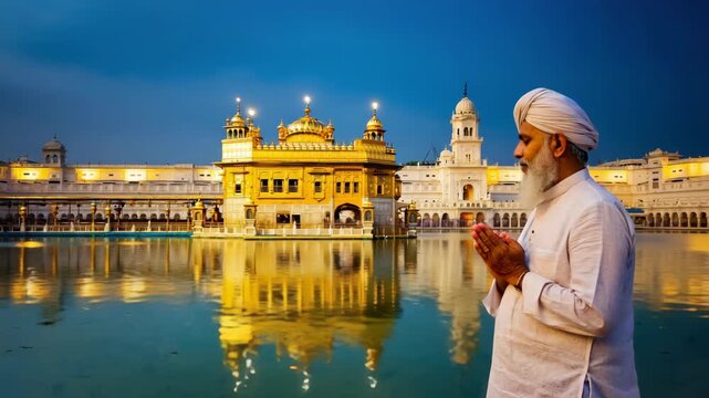 A man in a white shirt is praying in front of a large building. The building is gold and has a dome on top