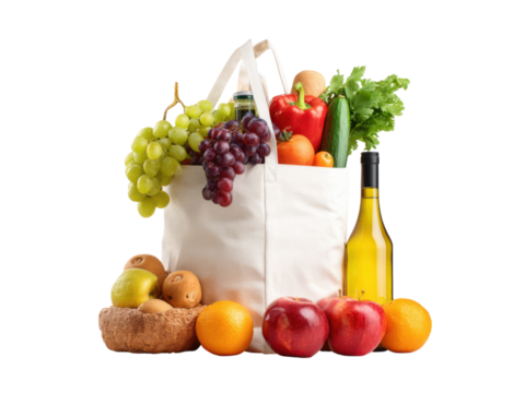Fresh produce and wine in reusable bag grapes green, Isolated, Png Transparent Background