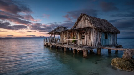 Obraz premium A rustic oceanfront bungalow constructed from reclaimed driftwood perched on stilts above gentle waves photographed at dawn with