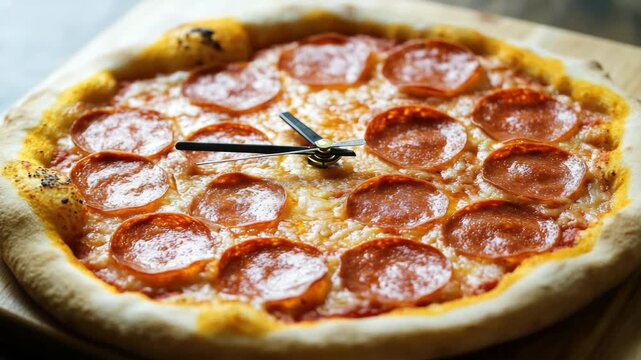 Close-up of freshly made pepperoni pizza with a crusty edge, topped with tomato sauce and cheese on a wooden cutting board.