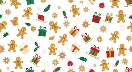 Festive Christmas pattern featuring gingerbread men, gifts, sleighs, holly, and bells for holiday cards and backgrounds, creating a joyful, celebratory vibe