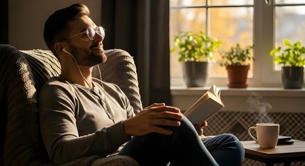 Relaxed man reading book and listening to music by sunny window at home