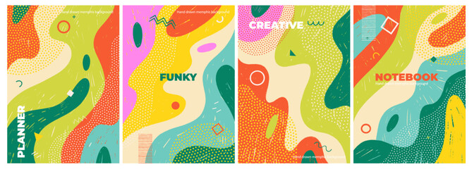 Naklejka premium Swiss aesthetic cover or poster template collection. Crayon drawn geometric shapes, liquid forms with doodles.