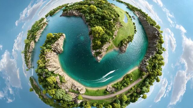 Eco-sphere: A panoramic view of the Earth reveals lush green forests and serene blue waters, highlighting the beauty and interconnectedness of our planet.