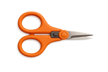 Crafting snips with bright orange plastic handles and serrated blades, ideal for intricate cutting and sewing tasks on transparent background