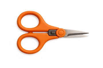 Crafting snips with bright orange plastic handles and serrated blades, ideal for intricate cutting and sewing tasks on transparent background