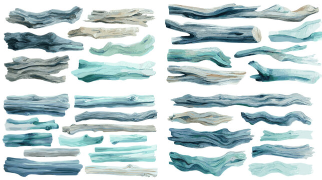 A watercolor set of driftwood branches in cool blue and turquoise tones with smooth textures and organic shapes. Suitable for ocean themes, decorative design, and coastal illustration.